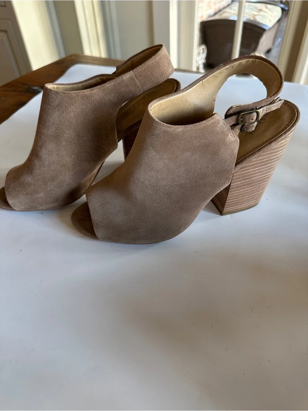 Splendid Women’s Kaylee Suede Peep-Toe Block Heel Slingback Booties- Tan Sz 9.5